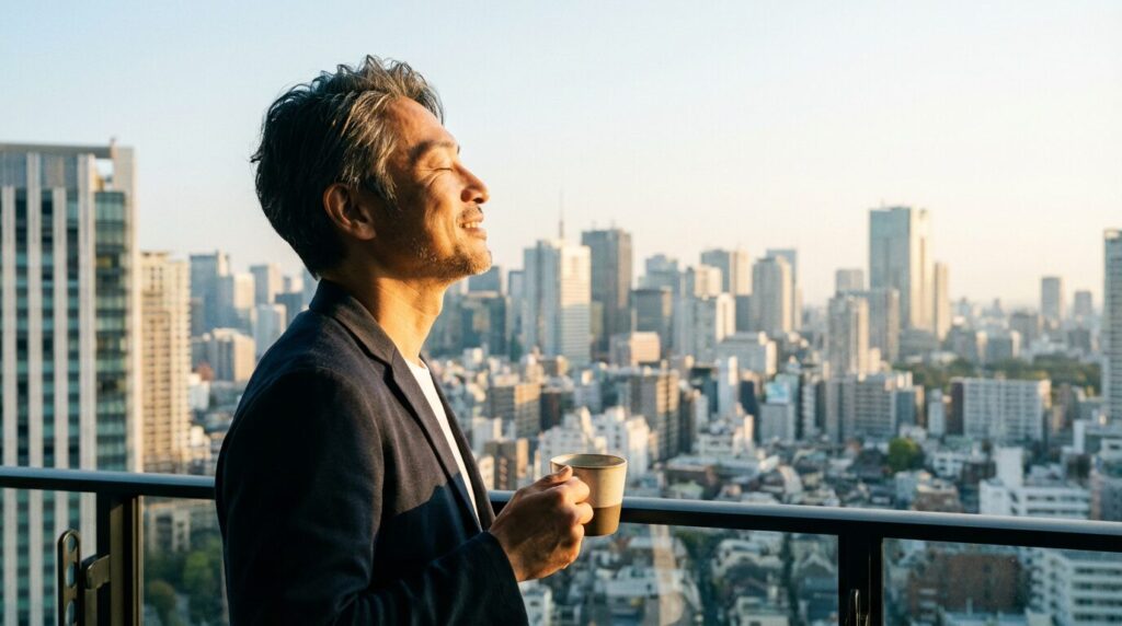 バルコニーで深呼吸をしてリラックスし、性格が悪くなるのを防ぐための対処法を実践している40代の日本人男性。物理的に距離を置いてクールダウンしている様子。