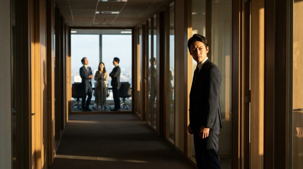 職場で意地悪な人が同僚の輪に入れず孤立している様子。意地悪な人の末路が孤独であることを象徴している。