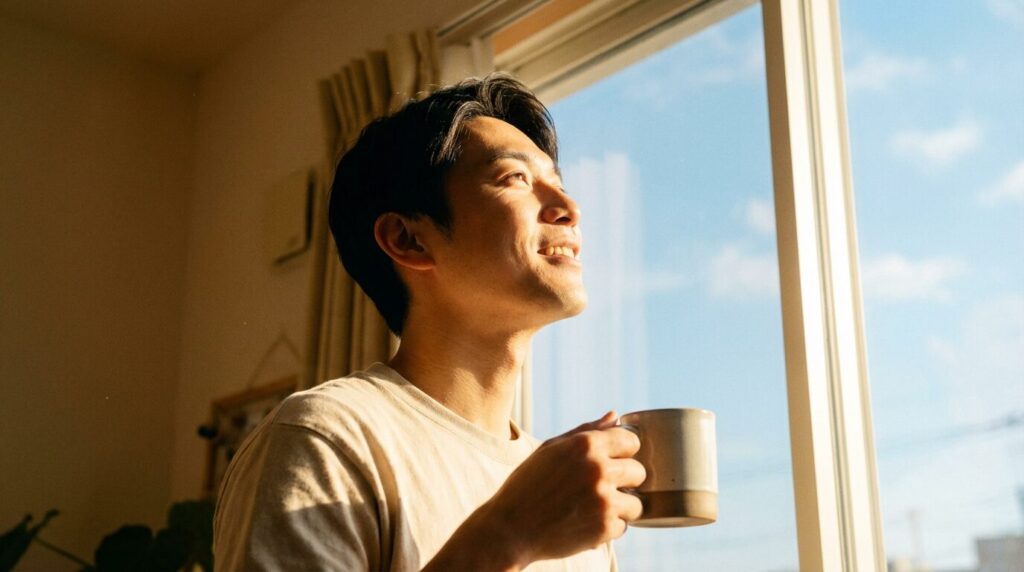 朝の光の中で深呼吸をしてリラックスする20代日本人男性。失言の後悔から立ち直る方法を実践し、心の平穏を取り戻した穏やかな様子。