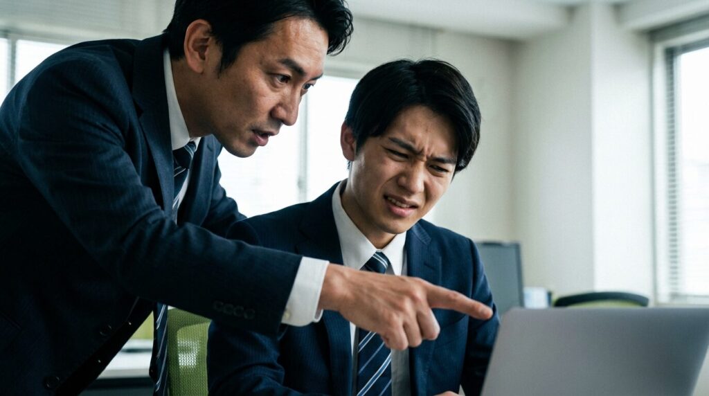 背後からパソコン画面を覗き込み、細かく指摘をする日本人男性社員。いちいち人のことを気にする人に共通する監視や口出しの特徴を表している。
