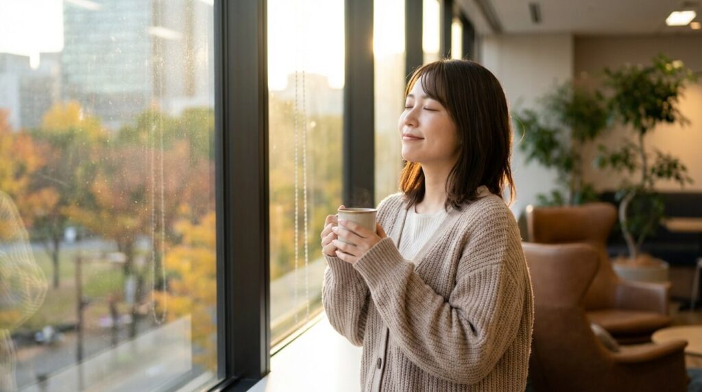 オフィスの窓際でコーヒーを飲みながらリラックスし、穏やかな表情を浮かべる日本人女性。平穏を保つための考え方と心構えを持ち、自分の機嫌を自分で取っている様子。