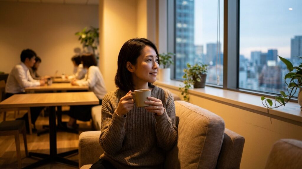 精神的な距離を保ち、意地悪な人への関心を断ち切るための考え方を身につけて、リラックスした時間を過ごす日本人女性。