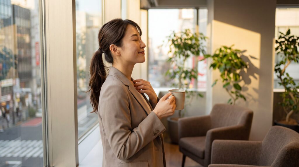 自己嫌悪から抜け出すための考え方と心構えを持ち、リラックスして気持ちを切り替えている日本人女性社員。
