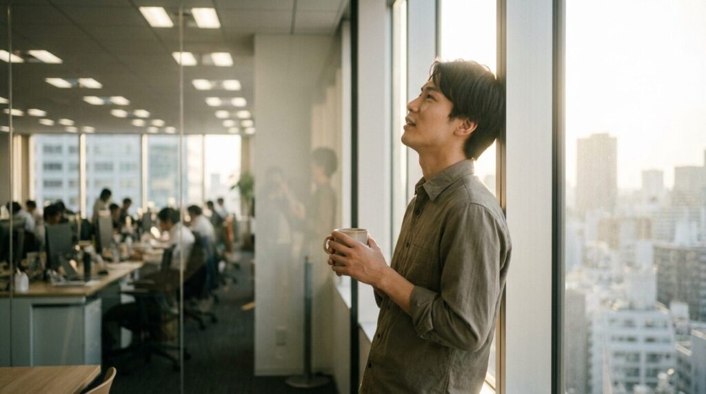オフィスの窓際で穏やかな光を浴びながら深呼吸をし、新人に厳しい人から自分を守るための考え方を整え、心をリセットしている20代日本人男性。
