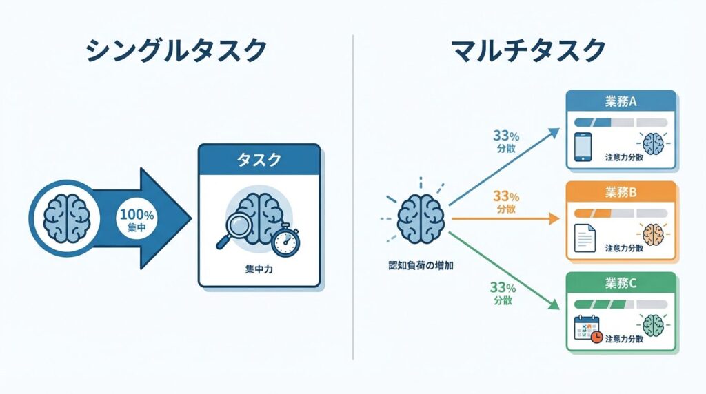 シングルタスクとマルチタスクにおける注意力の配分比較図。マルチタスクを行うと注意力が分散し、仕事のミス発生リスクが増加する様子を図示している。
