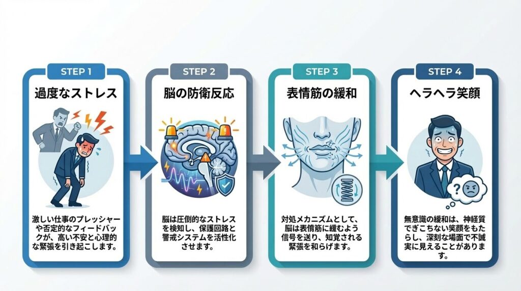 過度な緊張が笑顔に変換されるメカニズムのフローチャート。ストレスを受けると脳が防衛反応を示し、表情筋が緩和して無意識にヘラヘラした笑顔が発生する過程の図解。