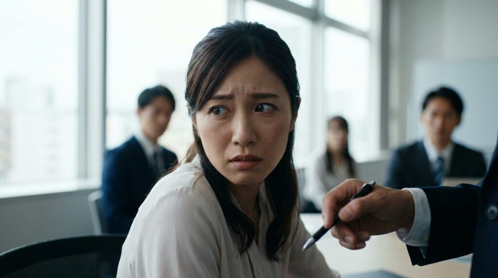 会議中に周囲の顔色を伺い、発言に迷っている自信がない日本人女性。自信がない人に共通する特徴と心理的な不安を表している様子。