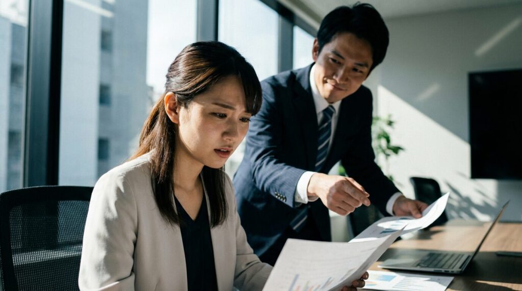 職場で揚げ足を取る人がうざいと感じる状況の象徴的なシーン。細かい指摘を繰り返す男性社員に対し、ストレスを感じて困惑している日本人女性社員の様子。