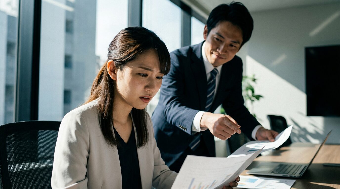 職場で揚げ足を取る人がうざいと感じる状況の象徴的なシーン。細かい指摘を繰り返す男性社員に対し、ストレスを感じて困惑している日本人女性社員の様子。