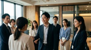 会議中に不用意な発言をしてしまい周囲を困惑させている日本人男性社員の様子。失言が多い人の特徴や原因、ストレスを減らす対処法を象徴するシーン。