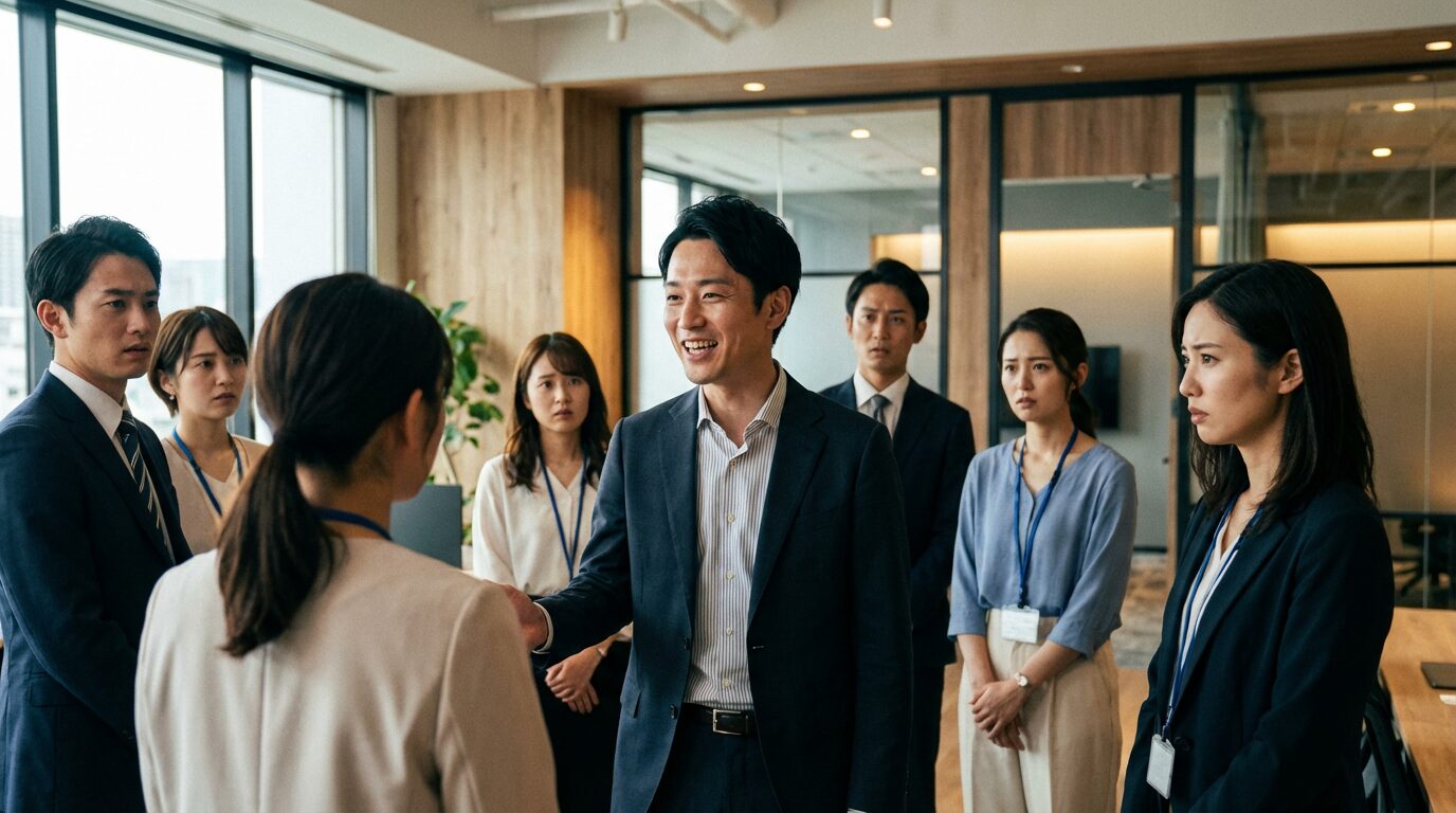 会議中に不用意な発言をしてしまい周囲を困惑させている日本人男性社員の様子。失言が多い人の特徴や原因、ストレスを減らす対処法を象徴するシーン。