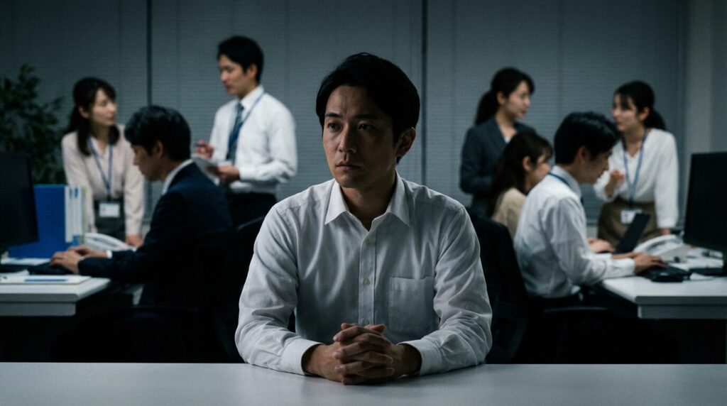 職場で周囲から孤立し、手持ち無沙汰にしている日本人男性社員の様子。楽な仕事しかしない人が迎える末路と、職場での孤独感を象徴している。