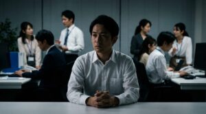 職場で周囲から孤立し、手持ち無沙汰にしている日本人男性社員の様子。楽な仕事しかしない人が迎える末路と、職場での孤独感を象徴している。