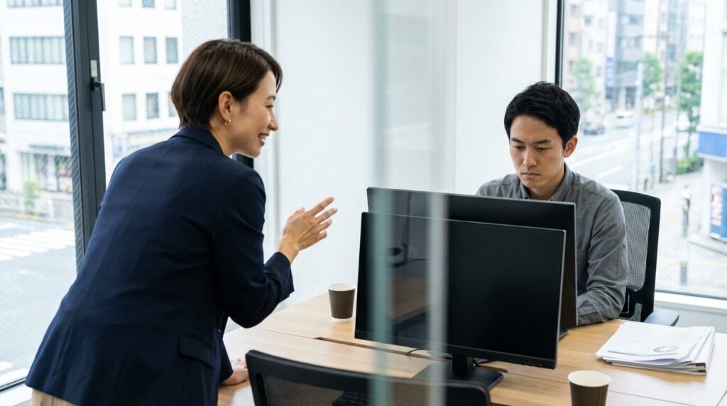 オフィスで話しかけても反応が薄い同僚に対し、会話が続かず孤独を感じている日本人女性社員。他人に興味がない人をつまらないと感じる理由である一方通行なコミュニケーションの様子。