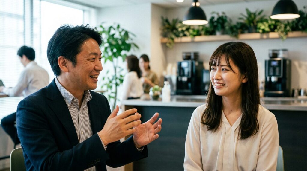 相手の反応を気にせず一方的に話し続ける日本人男性と、困っている聞き手の女性。失言が多い人の特徴と共通する心理を表すシーン。