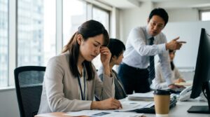 職場で上司や同僚の過干渉な態度に悩み、疲れた表情を見せる日本人女性社員。いちいち人のことを気にする人の心理と対処法について考えている様子。
