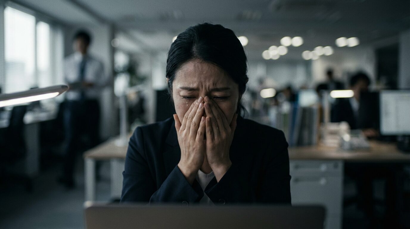 仕事に追われて余裕がない状態で、頭を抱えて悩み込んでいる30代の日本人女性。余裕がないと性格が悪くなる原因と対処法を表している様子。