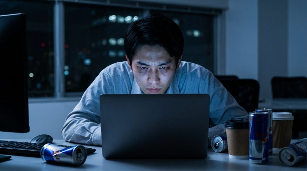深夜のオフィスで疲労を無視して働き続ける日本人若手社員。自身の限界を過信して無理をするなど、体調管理ができない人の典型的な特徴を表している。