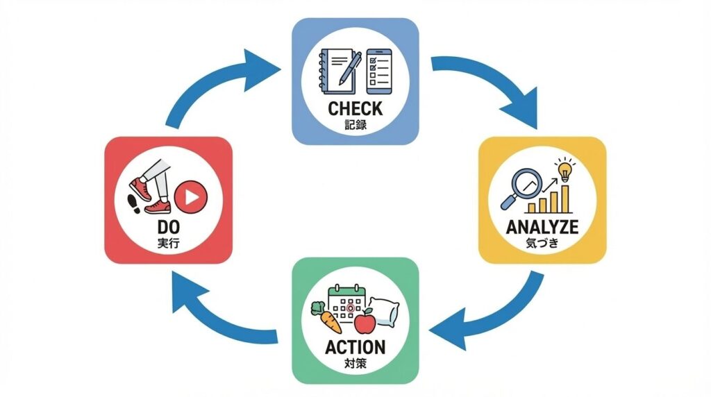 記録から始まる体調管理のPDCAサイクルフローチャート。記録(Check)、気づき(Analyze)、対策(Action)、実行(Do)の循環による改善プロセスを描画。