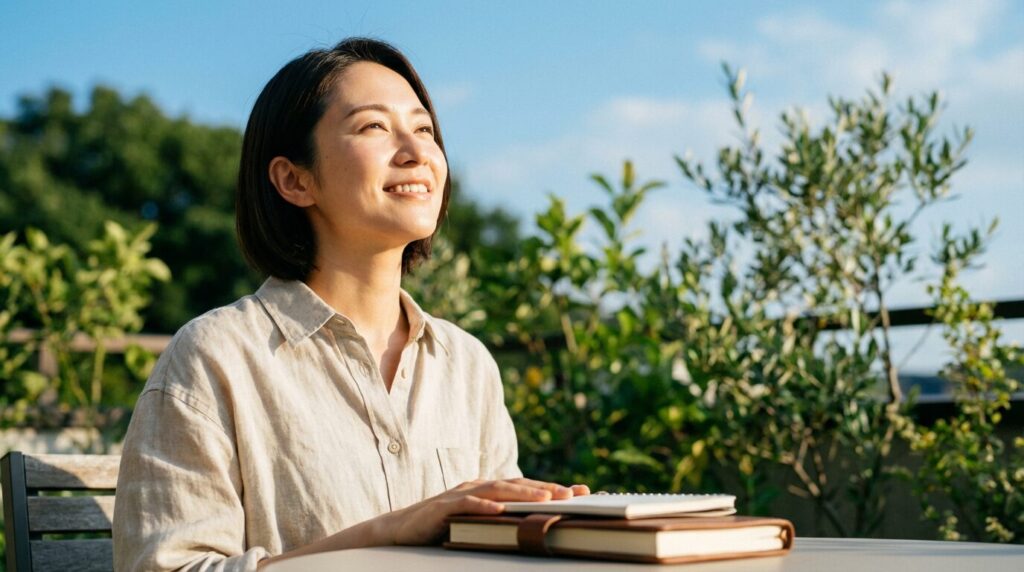心の平穏を取り戻してリラックスする女性。自分が一番でないと気が済まない人の特徴と心理を理解した上で、前向きに対処していく姿勢を表している。