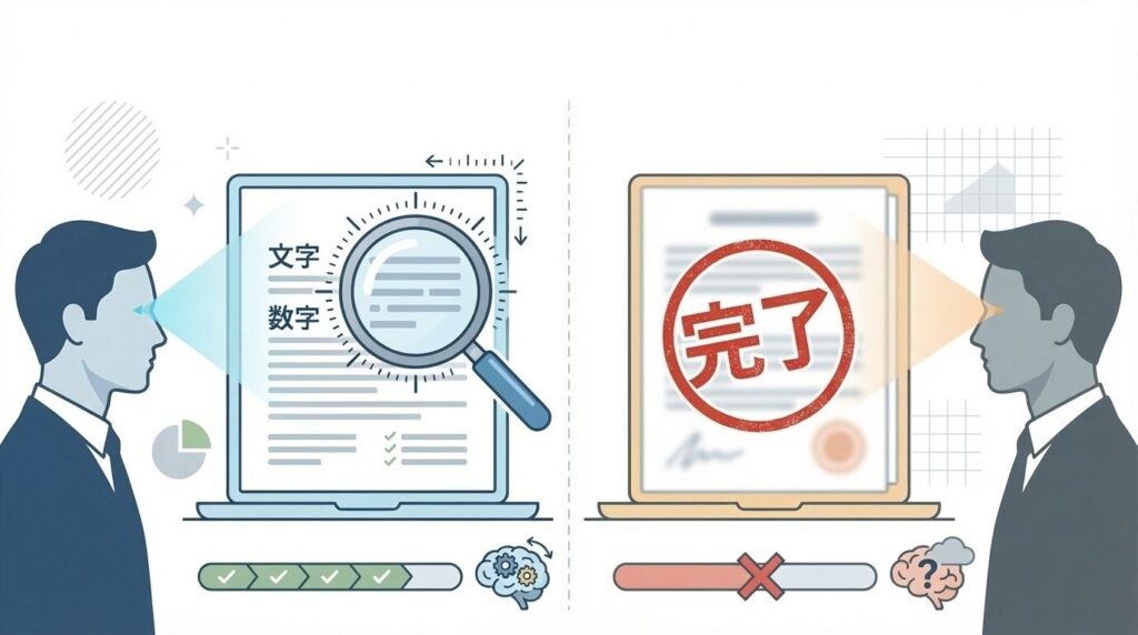 丁寧な人が細部のフォントや数値を見るのに対し、雑な人は全体の完了だけを見ている視点の違いを表した対比イラスト。