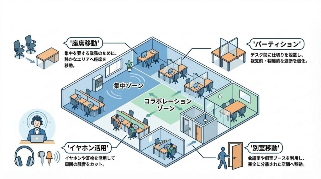 オフィス内での集中できるゾーン作りとして、座席移動、パーティション活用、イヤホン使用、別室移動のアイデアを配置した概念図