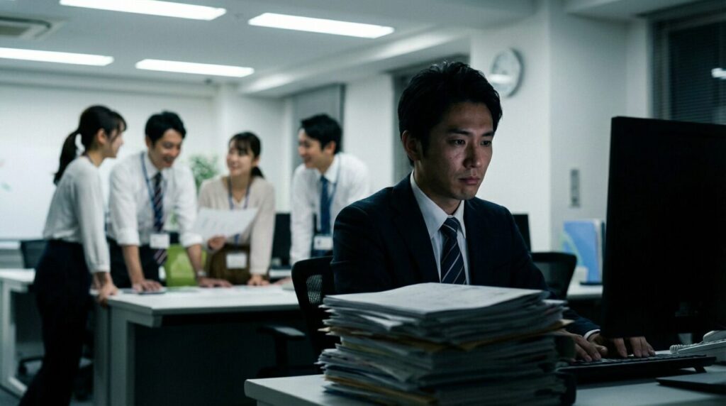 仕事を選ぶ人の末路として、職場で孤立し周囲の信頼を失っている日本人男性社員の様子。同僚の輪に入れず一人でいる姿が、将来的なキャリアのリスクを暗示している。