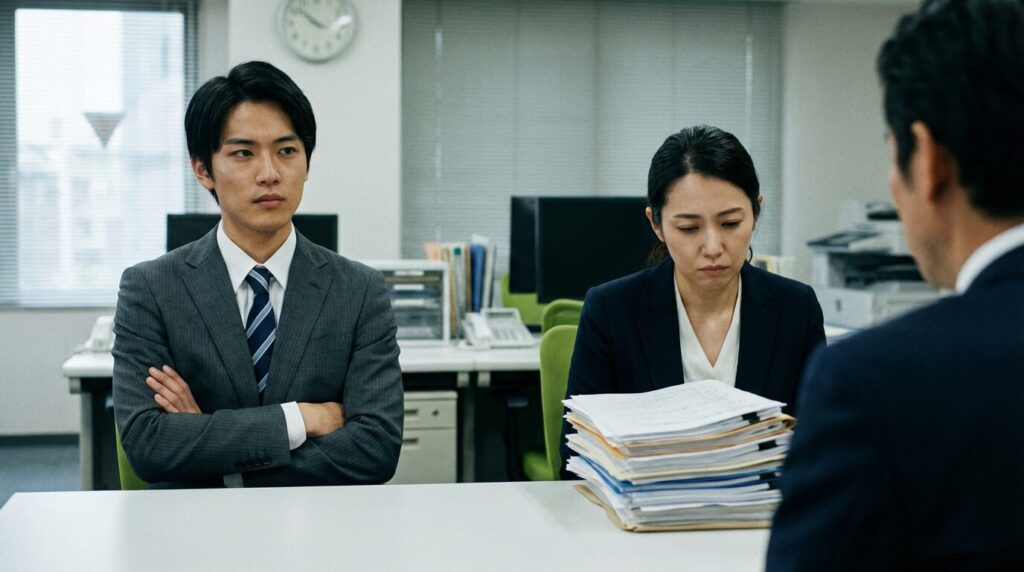 仕事を選ぶ人の心理として、業務を拒否する男性社員と、そのしわ寄せで困惑する同僚女性。自分勝手な行動が職場全体に悪影響を与え、士気を下げている様子。