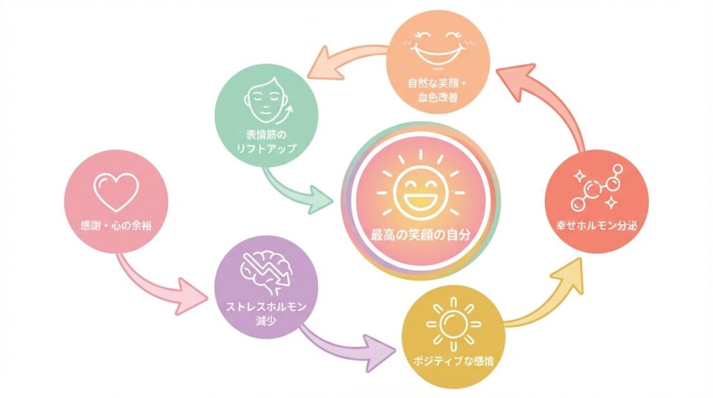 感謝の気持ちがストレスを減らし、穏やかで魅力的な顔つきを作るまでの好循環(ポジティブサイクル)を示した相関図