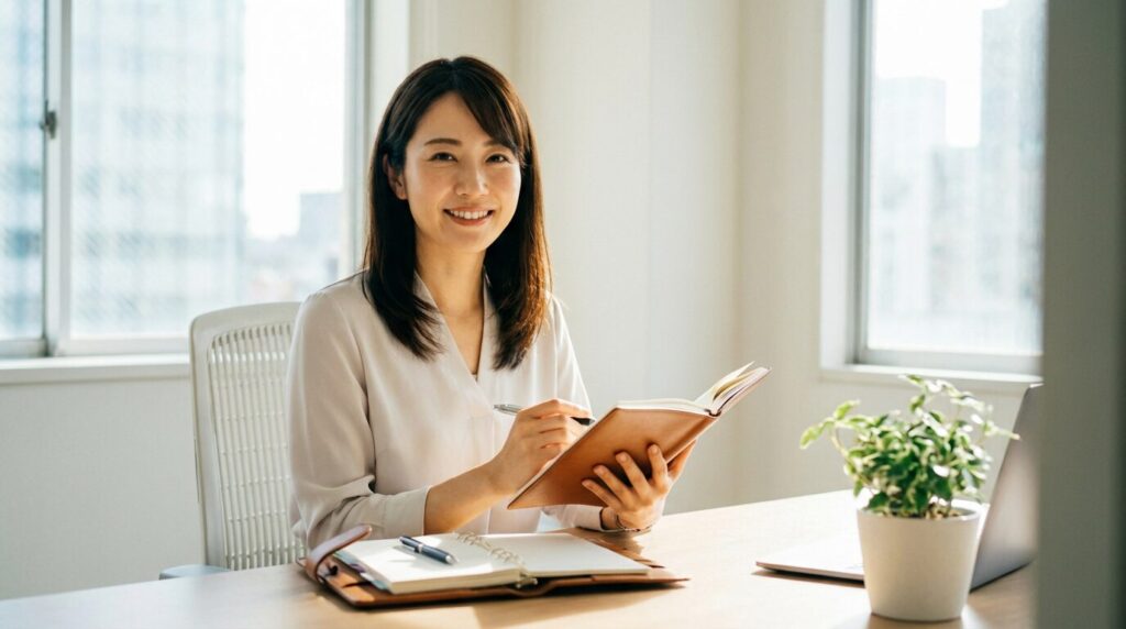 整理されたデスクで手帳を開き、前向きな表情で未来を見据えている30代の日本人女性。余裕がないと性格が悪くなる原因と対処法を理解し、次のステップへ進もうとするまとめの様子。