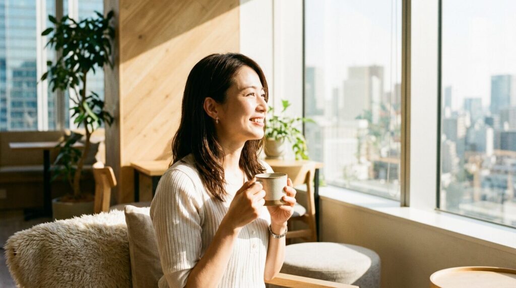 オフィスの窓辺でリラックスした晴れやかな表情を見せる日本人女性。失言が多い人の特徴や対処法を理解し、ストレスから解放された後の前向きなイメージ。