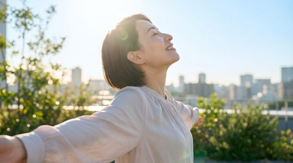 晴れやかな表情で空を見上げる日本人女性。因果応報の負の連鎖を断ち切り、前向きな考え方で自分自身の幸せに集中している様子。