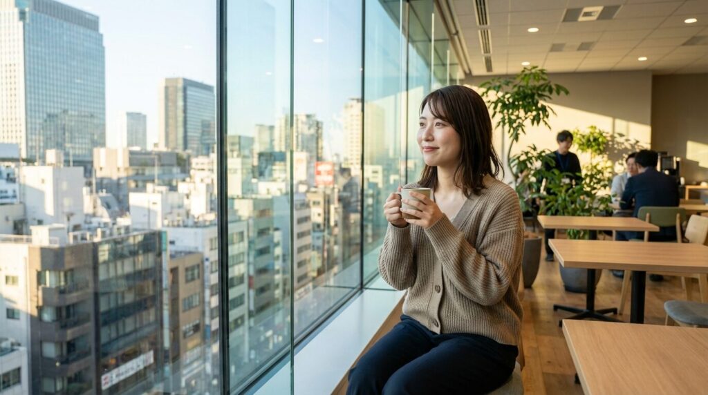 職場で適切な対処法を身につけ、上から目線の人の末路を反面教師にして、精神的な平穏を取り戻した日本人女性のポジティブな様子。