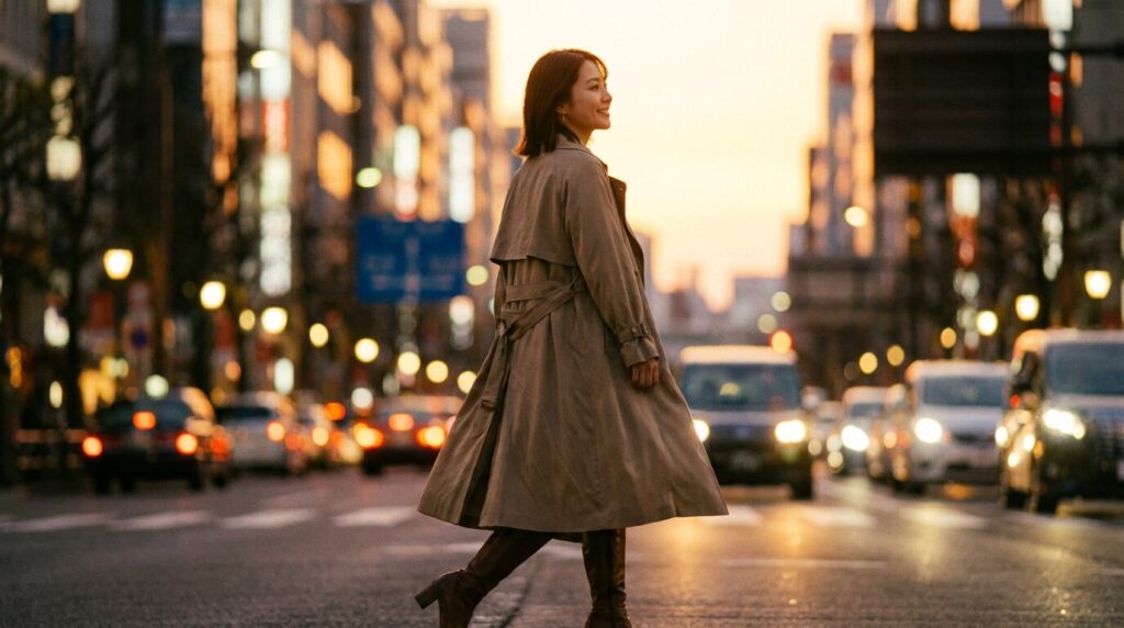 気持ちを切り替えて、前向きな表情で歩き出す日本人女性。「言わなきゃよかった」という自己嫌悪を乗り越え、次のステップへ進むまとめのメッセージを表現している。