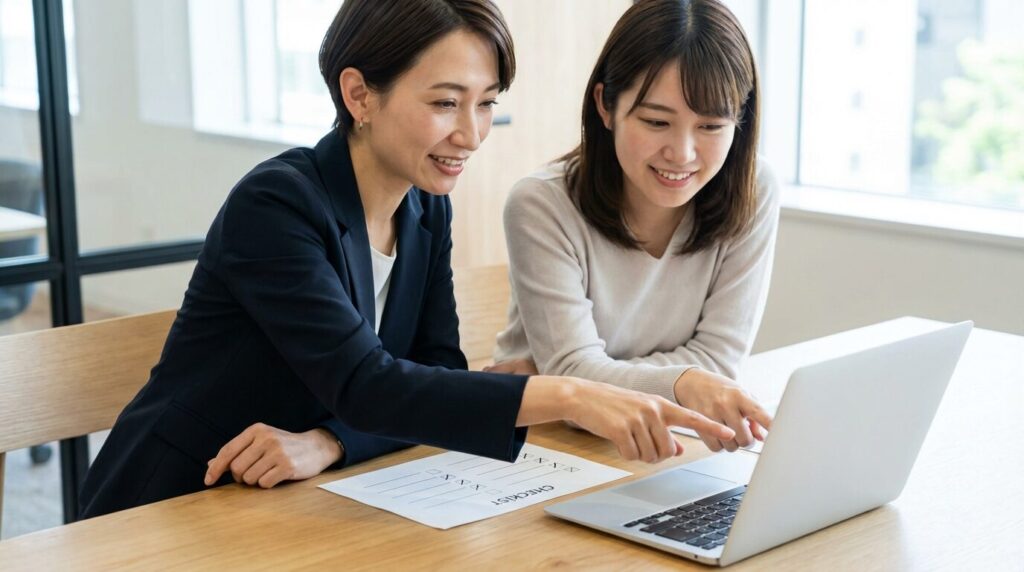 ノートパソコンとチェックリストを見ながら、途中段階での確認作業を行っている日本人女性社員たち。ミスや手戻りを防ぐために、仕組み化された適切な対処法を実践している様子。
