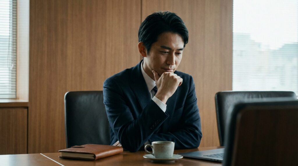 発言する前に一呼吸置き、冷静に考えをまとめている日本人ビジネスマンの様子。「言わなきゃよかった」という後悔を未然に防ぐための慎重な姿勢を表している。