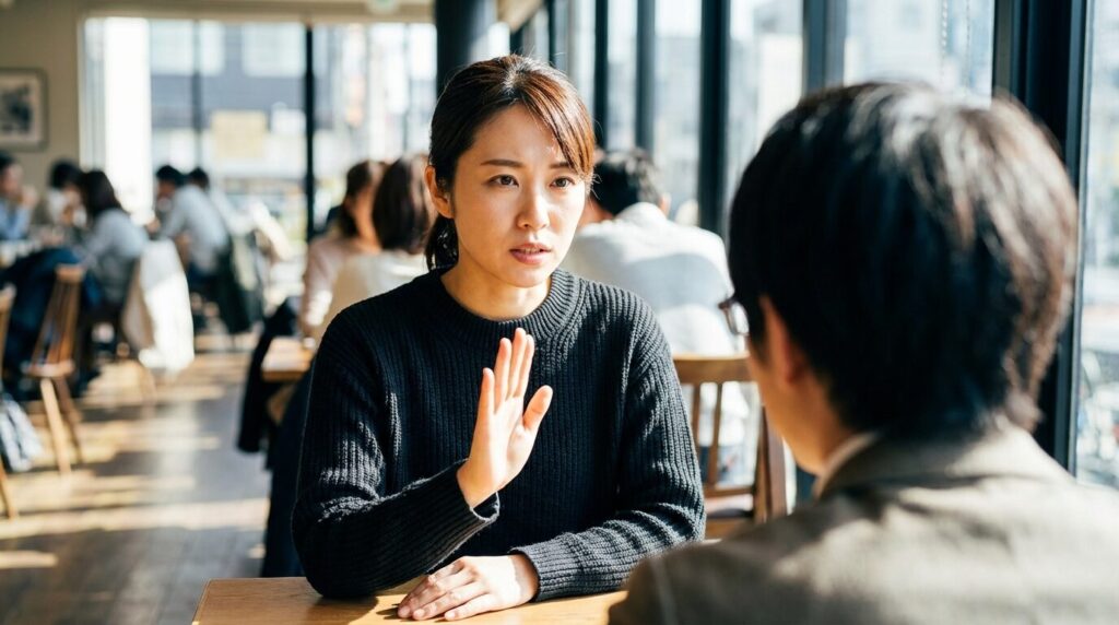 相手に対して毅然とした態度で意思表示をする日本人女性。執着されないための予防策として、曖昧さを排した対処法を実践している様子。