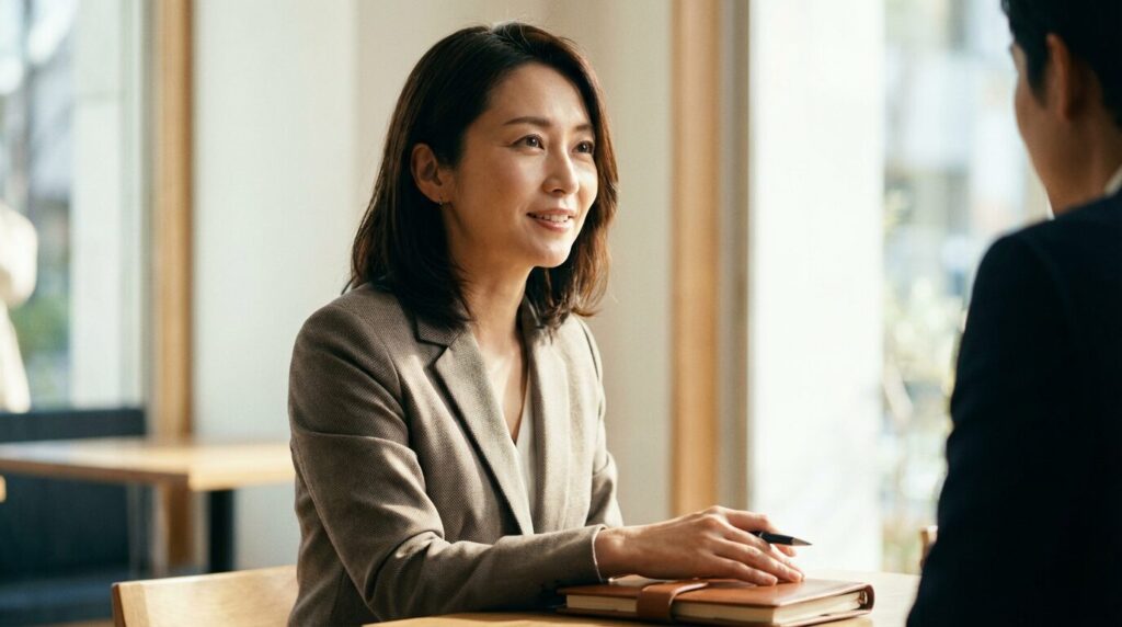 相手の話に穏やかに耳を傾け、傾聴に徹している40代日本人女性。一呼吸置いて言葉を選ぶことで、失言の後悔を避けるための防止策を実践している様子。