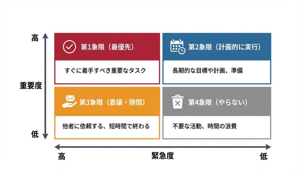 緊急度と重要度でタスクを分類するマトリクス図解。第1象限から第4象限までの優先順位付けの判断基準を示している。
