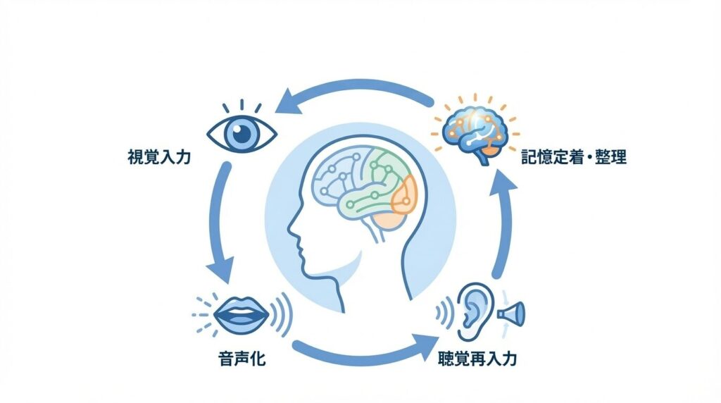 情報の入力（視覚）から音声化（発話）、再入力（聴覚）を経て記憶定着・思考整理に至る脳内の情報処理プロセス図