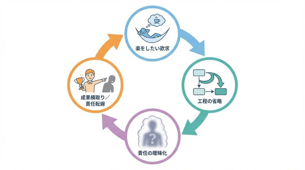 仕事を丸投げする人の心理的サイクル図。「楽をしたい欲求」から始まり、「面倒な工程の省略」、「責任の所在の曖昧化」を経て、「成果のみ獲得または責任転嫁」に至る自己中心的な思考のループ構造を可視化している。