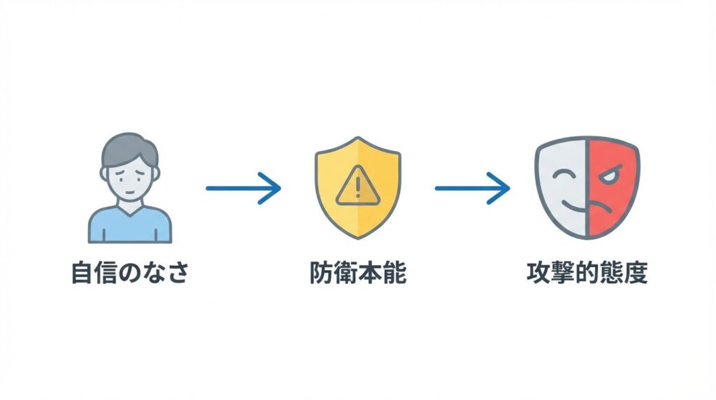 自信のなさや不安が自己防衛本能を引き起こし、結果として攻撃的な態度や態度の使い分けにつながる心理的プロセスを示した因果関係図