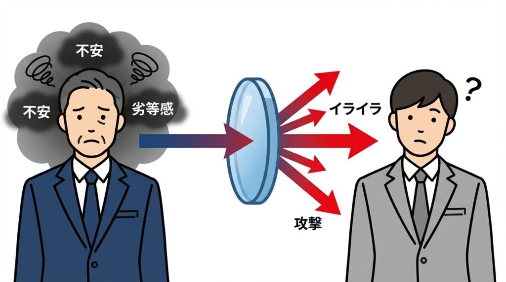 自分の中にある不安や劣等感を無意識に新人に転嫁し、イライラとしてぶつける心理学的な投影のメカニズム図解