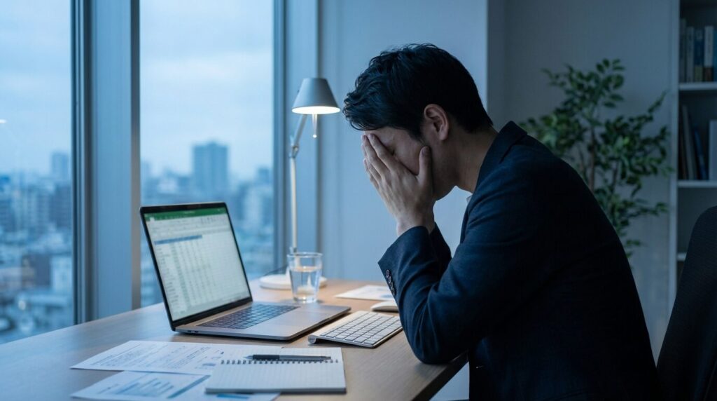 失敗や叱責を恐れるあまり自己防衛に走り、結果として無責任な行動を取ってしまう心理と原因を抱えた日本人男性の様子。