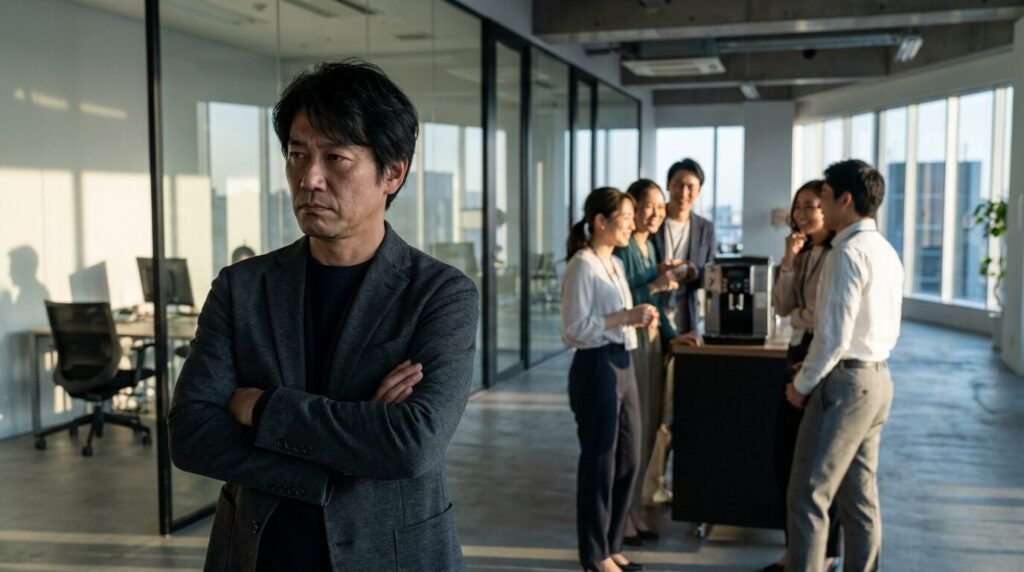 周囲と壁を作って立つ40代日本人男性。自分を守るための防衛本能や精神的な余裕のなさなど、思いやりがない言動に隠された心理状態を表現している。