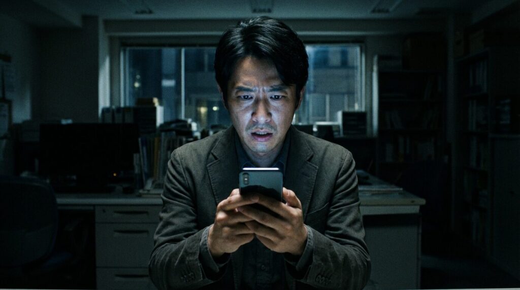 暗がりでスマートフォンを執拗に操作し何かに執着している様子の日本人男性。人の行動をチェックする人の心理には、支配欲や強い不安が隠れていることを表している。