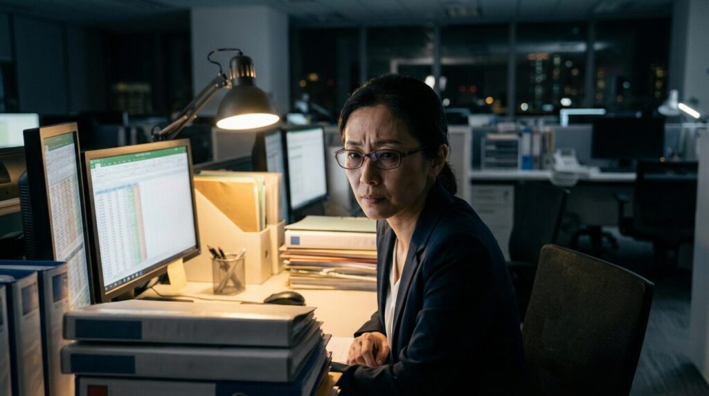 深夜のオフィスで自身の業務プレッシャーに悩み、険しい表情を見せる40代日本人女性上司。新人に厳しい人が抱えるストレスや心理的余裕のなさを象徴する様子。