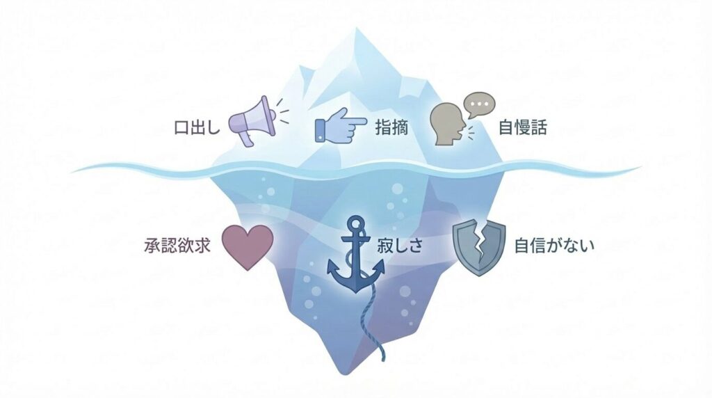 いちいちうるさい人の言動と深層心理を表す氷山モデルの図解。水面上の行動（口出し・指摘）の下に、水面下の心理（承認欲求・孤独感・自信のなさ）が隠れている構造。