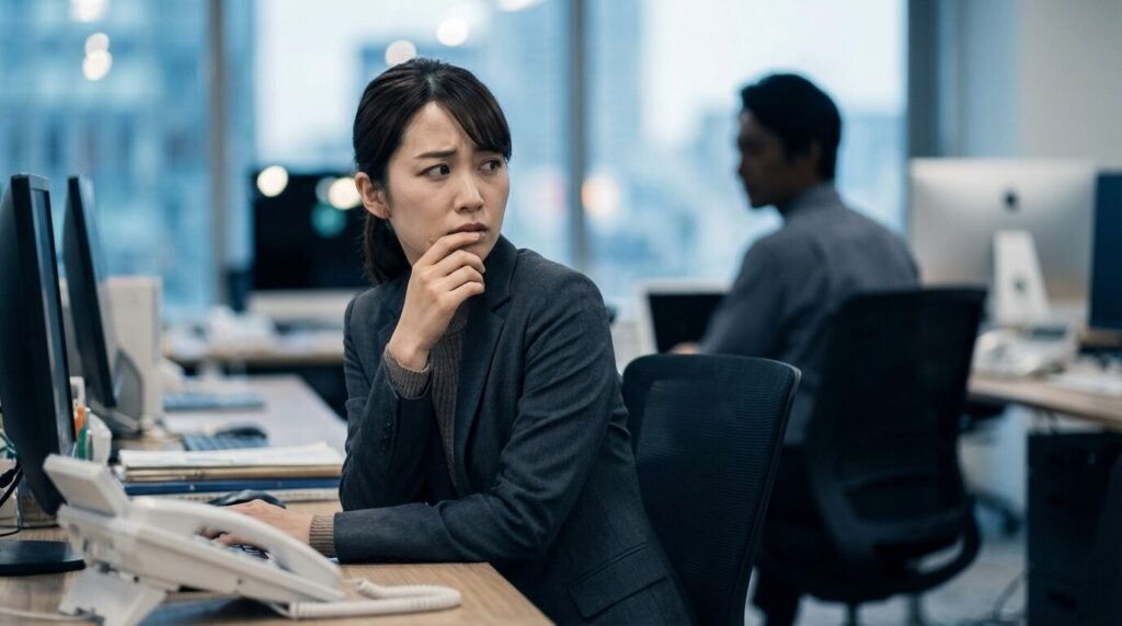 オフィスで背後からの視線を感じて不安な表情を浮かべる日本人女性。人の行動をチェックする人の心理を理解し、監視されるストレスへの対処法を知るためのイメージ。
