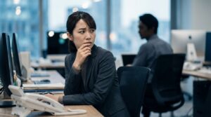 オフィスで背後からの視線を感じて不安な表情を浮かべる日本人女性。人の行動をチェックする人の心理を理解し、監視されるストレスへの対処法を知るためのイメージ。